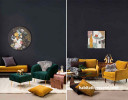 living room, lounge, black paint, feature wall, black wall, mustard sofa, green armchair 