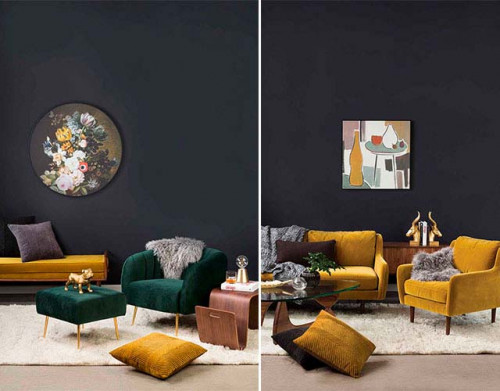 living room, lounge, black paint, feature wall, black wall, mustard sofa, green armchair