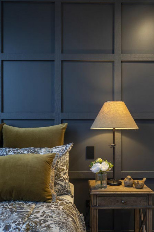 bedroom inspiration, charcoal interior, charcoal feature wall, grey interior, colour palette