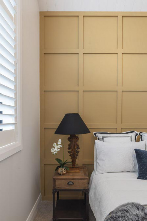 bedroom inspiration, batten feature wall, interior design, colour palette, bedroom ideas, resene