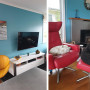 living room, lounge, blue lounge, blue living room, blue interior, blue feature wall, red chair