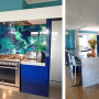 kitchen, blue kitchen, colourful kitchen, blue splashback, marbled splashback, bright kitchen