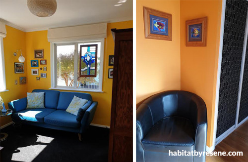 yellow lounge, tv room, yellow tv room, yellow interior, resene bright spark, yellow feature wall