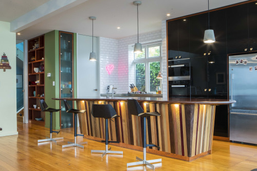 white kitchen, black fridge, white tiles, kitchen island, resene woodstock