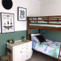 bedroom, childrens bedroom, kids bedroom, green bedroom, green feature wall, resene gondwana