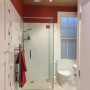 bathroom, timber ceiling, red bathroom, white and red, villa bathroom