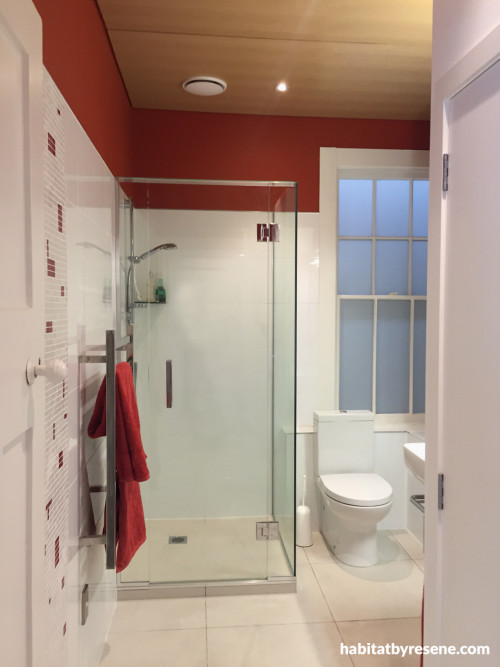 bathroom, timber ceiling, red bathroom, white and red, villa bathroom
