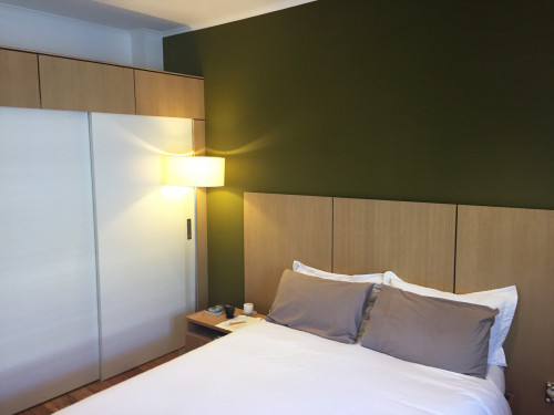 bedroom, green bedroom, green feature wall, timber bedhead, custom bedhead, contemporary bedroom