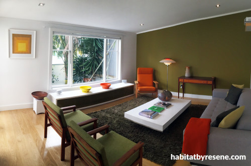 lounge, living room, green feature wall, retro furniture, green lounge, green paint 