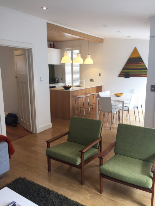 retro chairs, open-plan living, kitchen, dining room, timber ceiling