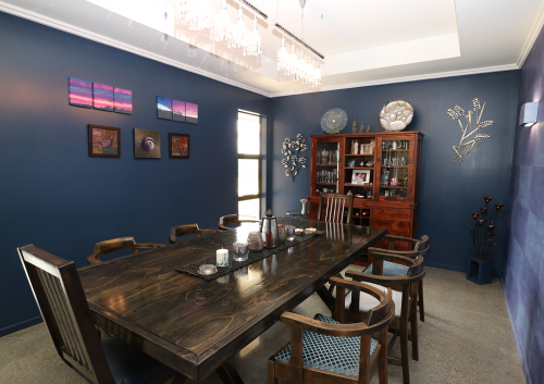 dining room, grid patterned wall, feature wall, blue dining room, blue and purple, grid wall art
