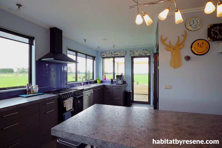 kitchen, blue kitchen, purple kitchen, blue splashback, blue and purple 