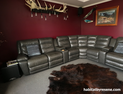 lounge, living room, red lounge, hunting lodge theme, red living room, cosy 