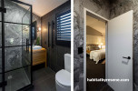 black and white bathroom, grey bathroom, patterned tiles, ensuite, black and white ensuite