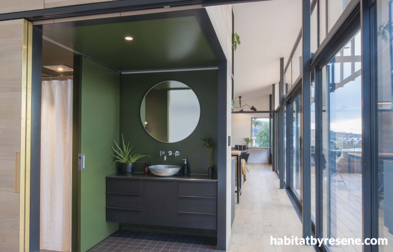bathroom, green bathroom, bathroom inspiration, bathroom ideas, black and green, resene olive green