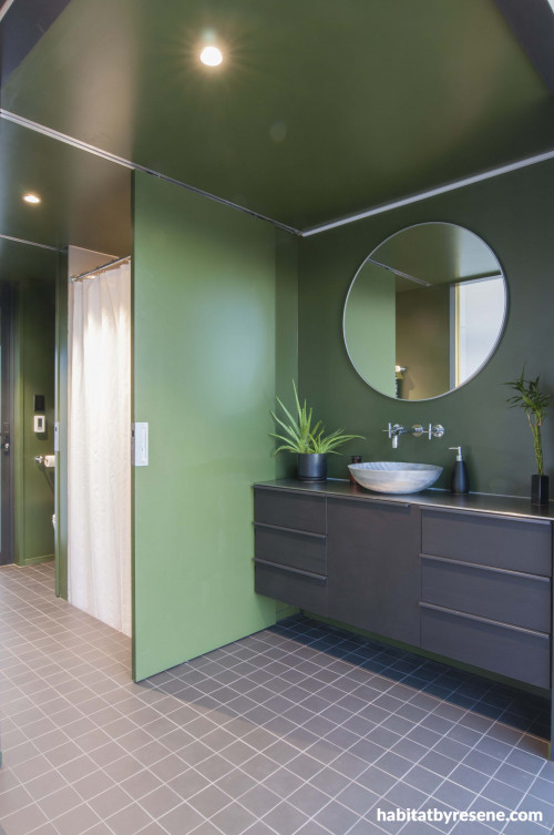 bathroom, green bathroom, bathroom inspiration, bathroom ideas, black and green, resene olive green