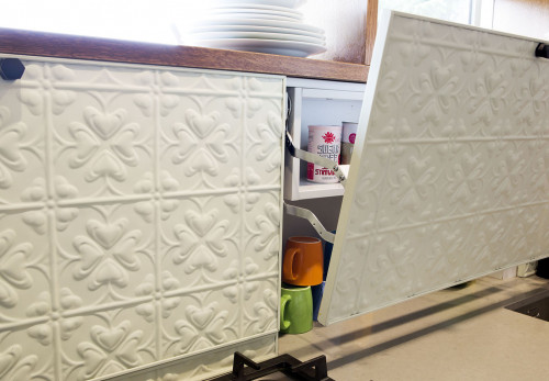 kitchen cupboards, painted pressed metal, upcycle