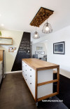 kitchen, blackboard paint, kitchen island, feature wall, green paint, custom ceiling rose