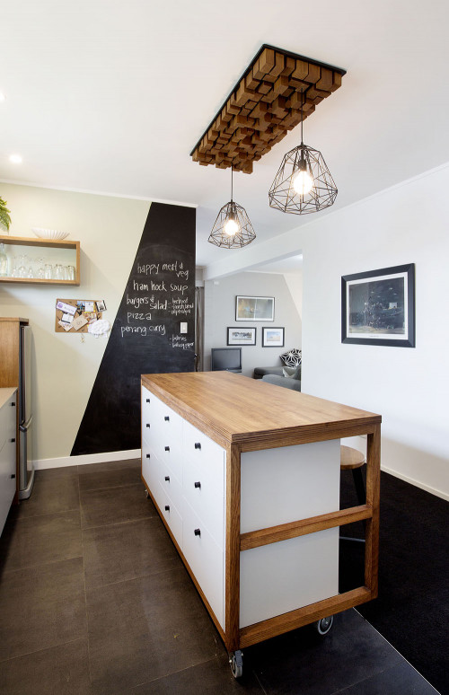 kitchen, blackboard paint, kitchen island, feature wall, green paint, custom ceiling rose