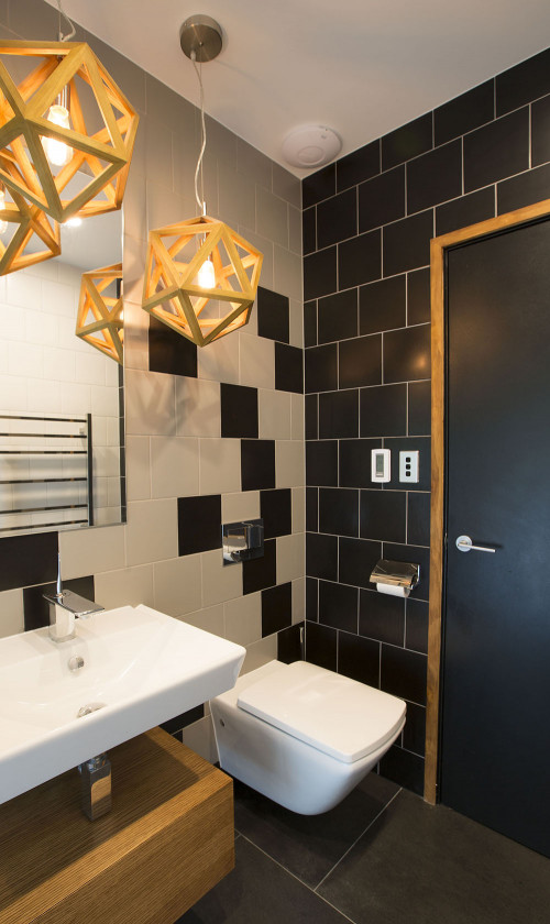 black and white bathroom, black paint, black door, bathroom inspiration