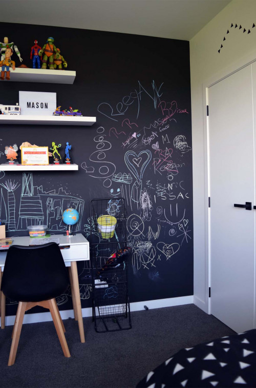 bedroom, black and white bedroom, kids bedroom, childrens bedroom, blackboard paint, monochromatic