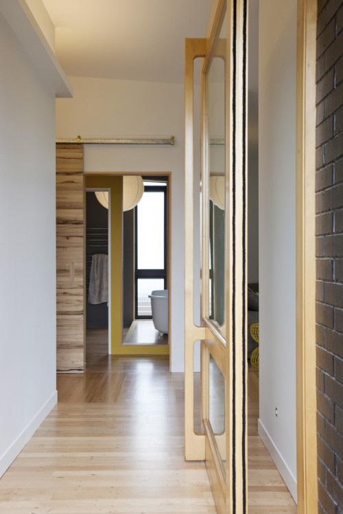 hallway, entrance hall, holiday home, architecture design, sliding door, yellow paint, interior