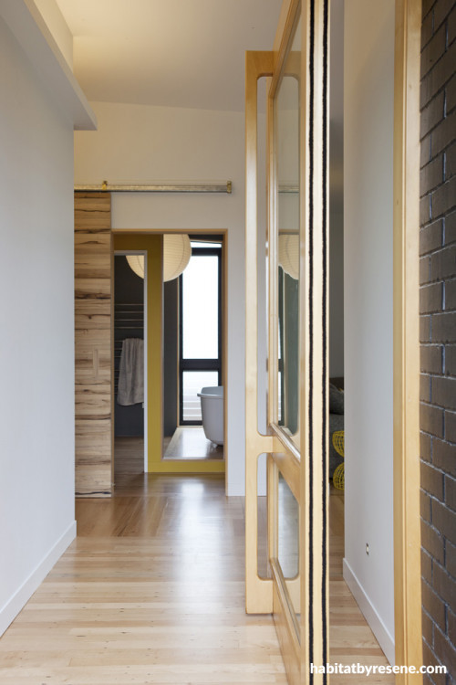 hallway, entrance hall, holiday home, architecture design, sliding door, yellow paint, interior