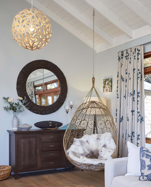bedroom, hanging chair, living room, blue bedroom, blue living room, beach inspired