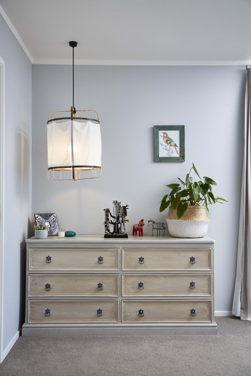beach inspired, bedroom, blue bedroom, master bedroom, resene midwinter mist, dresser