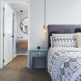 bedroom, master bedroom, ensuite, blue bedroom, beach inspired, resene midwinter mist 