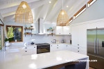 kitchen, white kitchen, blue kitchen, blue splashback, beach inspired kitchen 