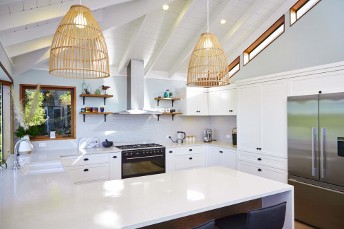 kitchen, white kitchen, blue kitchen, blue splashback, beach inspired kitchen