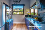 kitchen, blue kitchen, patterned cabinetry, grey  kitchen, resene eighth stonehenge 