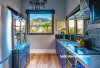 kitchen, blue kitchen, patterned cabinetry, grey  kitchen, resene eighth stonehenge 