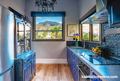 kitchen, blue kitchen, patterned cabinetry, grey  kitchen, resene eighth stonehenge 