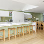 green kitchen, living area, wooden floors, green splashback, lounge, green and white paint
