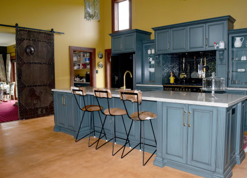 blue, yellow, kitchen, blue kitchen cupboards, castle