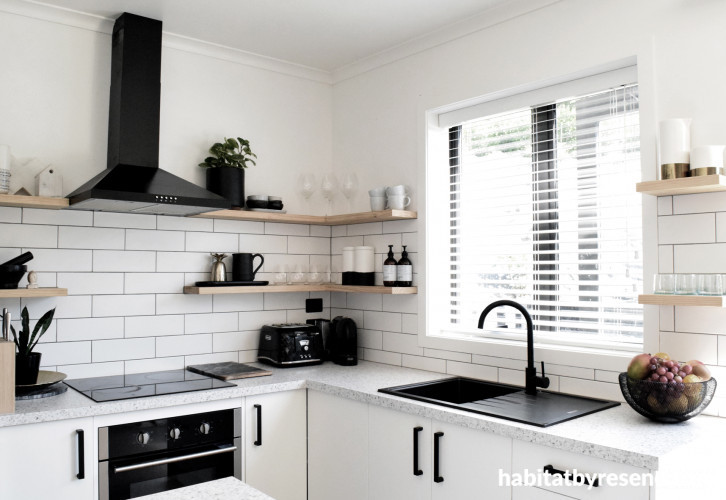 kitchen, black and white kitchen, monochromatic kitchen, resene black white, white kitchen 