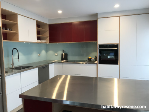 kitchen inspiration, blue splashback, splash back inspo, corner kitchen, open shelving, Resene