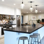 kitchen, black and white kitchen, neutral kitchen, black benchtop, floral splashback, resene ash