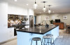 kitchen, black and white kitchen, neutral kitchen, black benchtop, floral splashback, resene ash