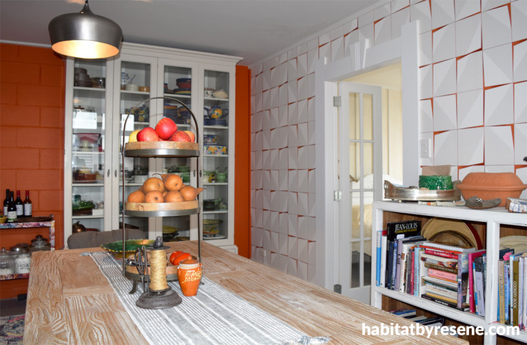 kitchen, orange kitchen, orange feature wall, geometric wallpaper, wallpaper feature wall