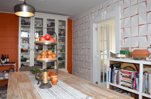 kitchen, orange kitchen, orange feature wall, geometric wallpaper, wallpaper feature wall