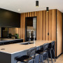kitchen, wood feature wall, interior wood stain, black and white kitchen, cedar interior