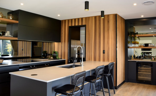 kitchen, wood feature wall, interior wood stain, black and white kitchen, cedar interior