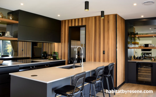 kitchen, wood feature wall, interior wood stain, black and white kitchen, cedar interior