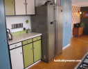 retro, retro kitchen, 1970s kitchen, green cabinets, blue cabinets, green kitchen