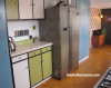 retro, retro kitchen, 1970s kitchen, green cabinets, blue cabinets, green kitchen
