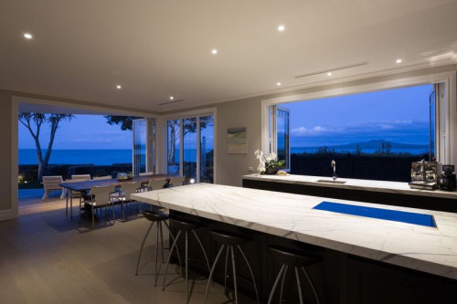kitchen, white, sea views, black cabinet, ocean