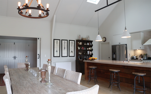 dining room, kitchen, neutrals, white dining room, white kitchen, barn style, grand, timber bench